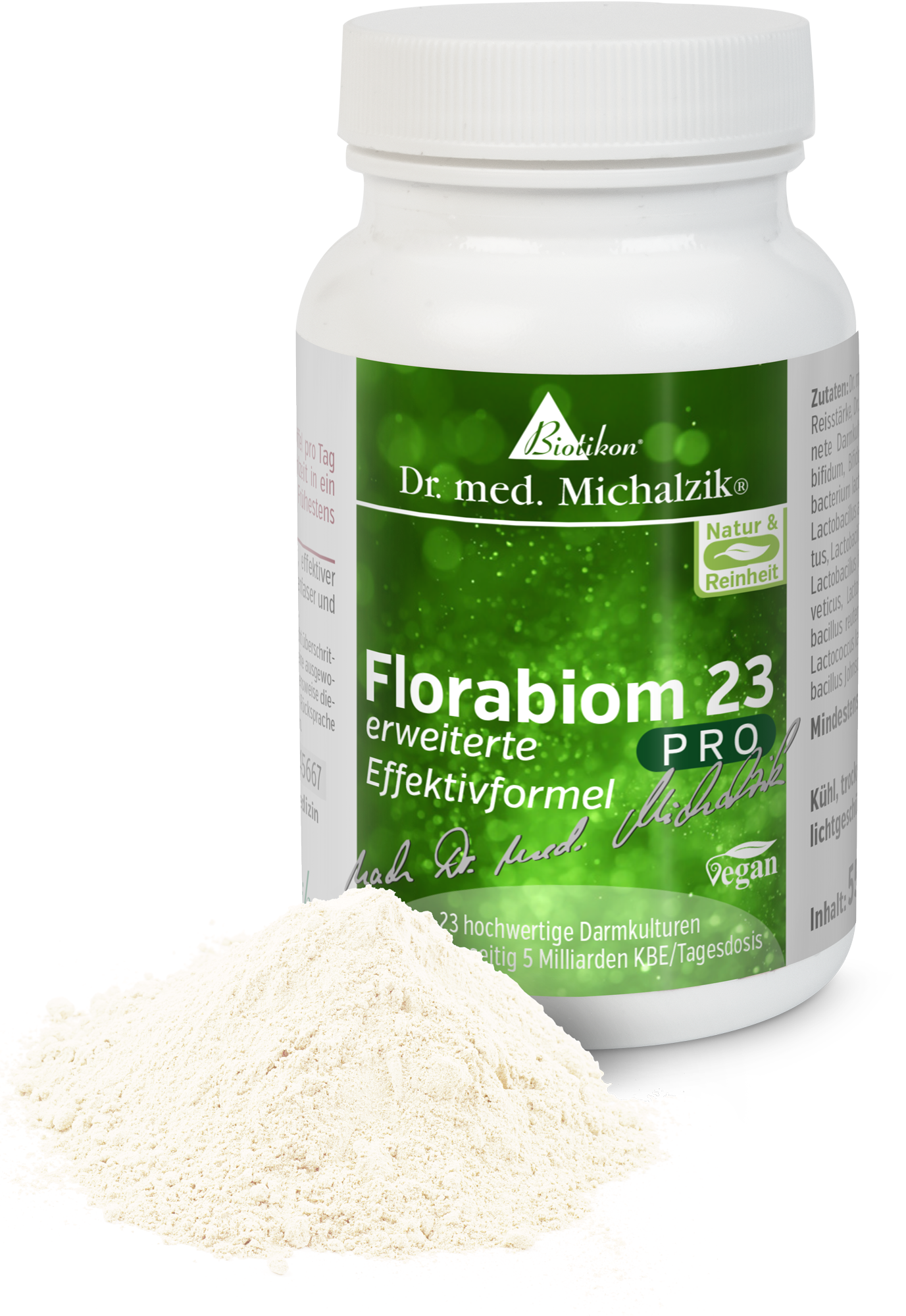 Florabiom 23 PRO – Probiotic Powder, 250g Probiotic powder with 23 high-quality gut cultures, 250g canister with white content.