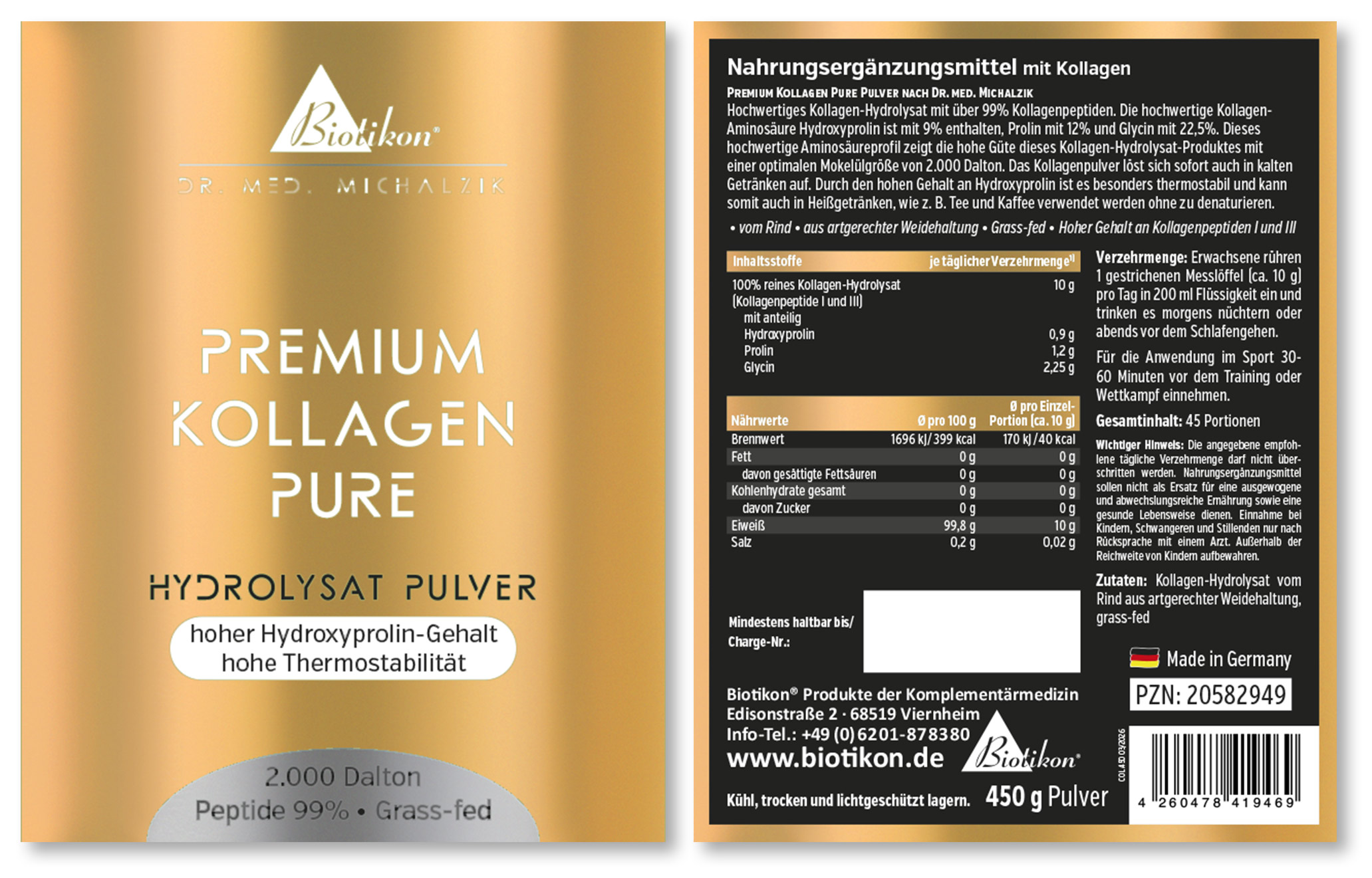 Premium Collagen Hydrolysate Powder - Image of the label (front and back)