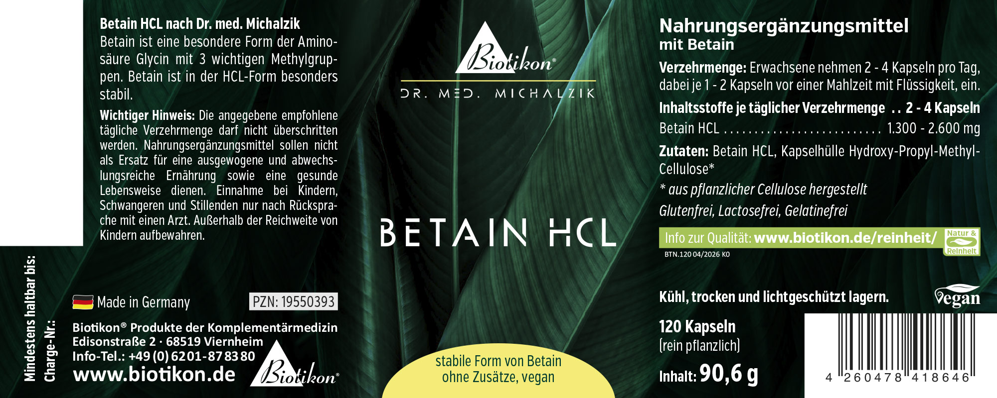Dietary supplement Betaine HCL in a pack of 120 vegan capsules, green packaging, front view.