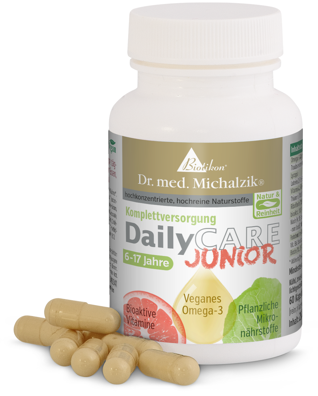 Vegan Omega-3 – Capsules for Kids Bottle with 60 vegan Omega-3 supplement capsules, yellow capsules, viewed from the front.