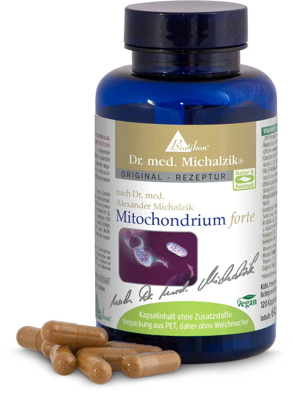 Mitochondrium Forte – 120 Vegan Capsules Blue bottle with 120 vegan capsules, beige capsules displayed on the table.