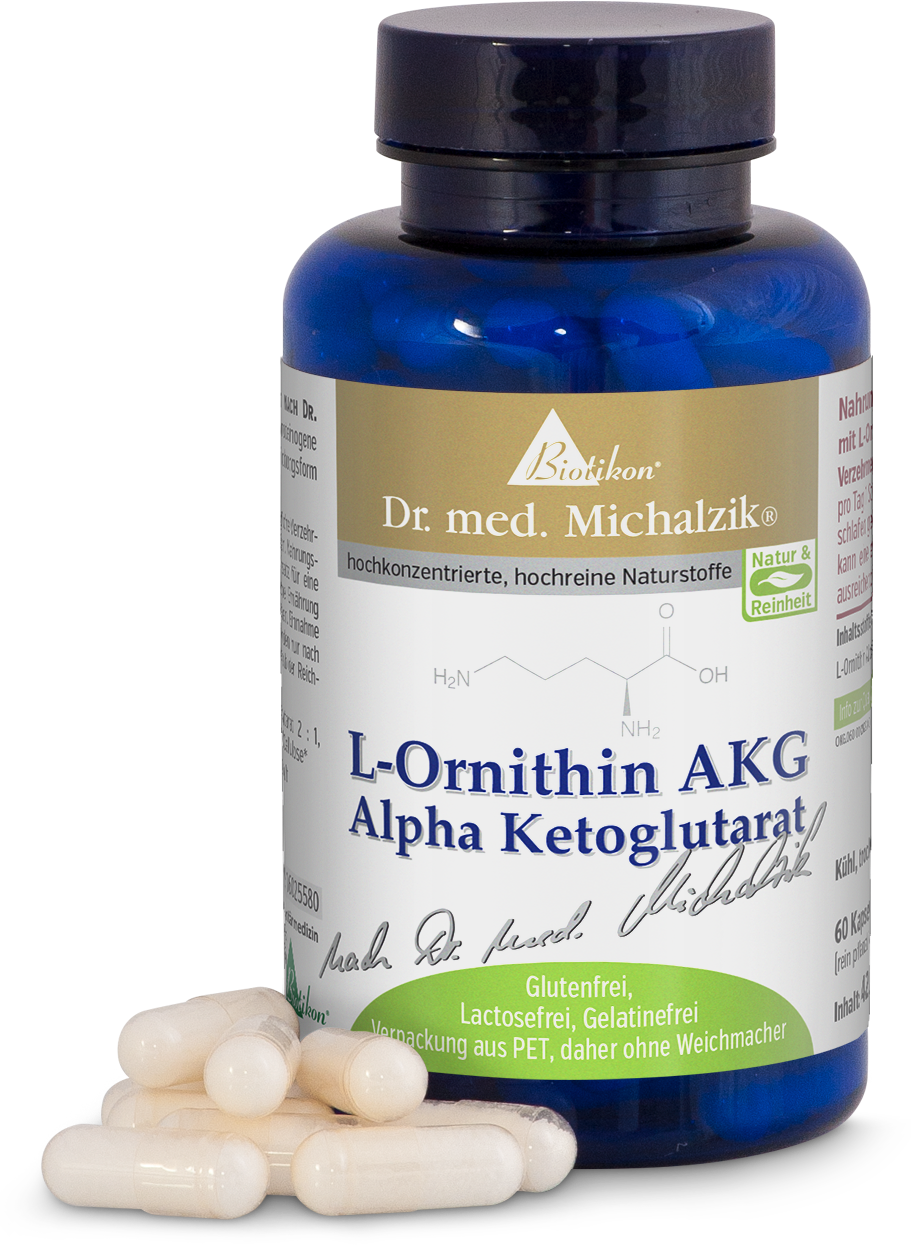 L-Ornithine AKG – 60 Capsules Blue plastic container featuring 60 L-Ornithine AKG capsules, front view, dietary supplement.