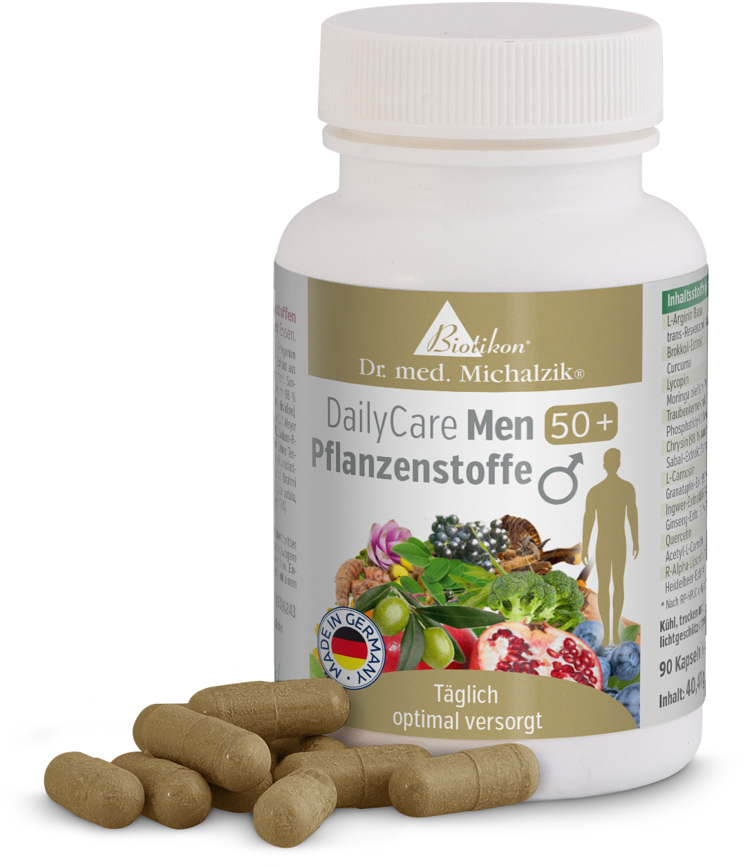 Plant-based Capsules 90 pcs – DailyCare Men 50+ Packaging of DailyCare Men 50+ capsules, 90 plant-based capsules in a light bottle, surrounded by capsules.