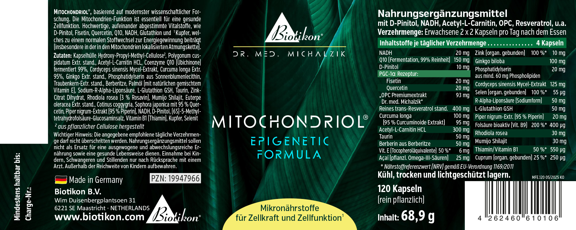 Mitochondriol 120 Capsules – Dietary Supplement Dietary supplement in dark packaging with green design, contains 120 plant-based capsules.