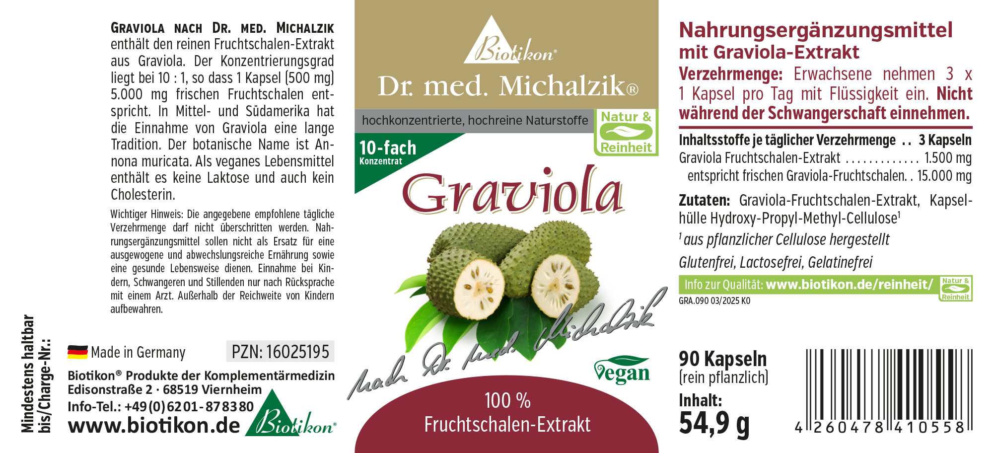 Graviola 500 mg - 90 Capsules Graviola capsules, 90 pieces, 500 mg fruit extract, brown packaging, side view