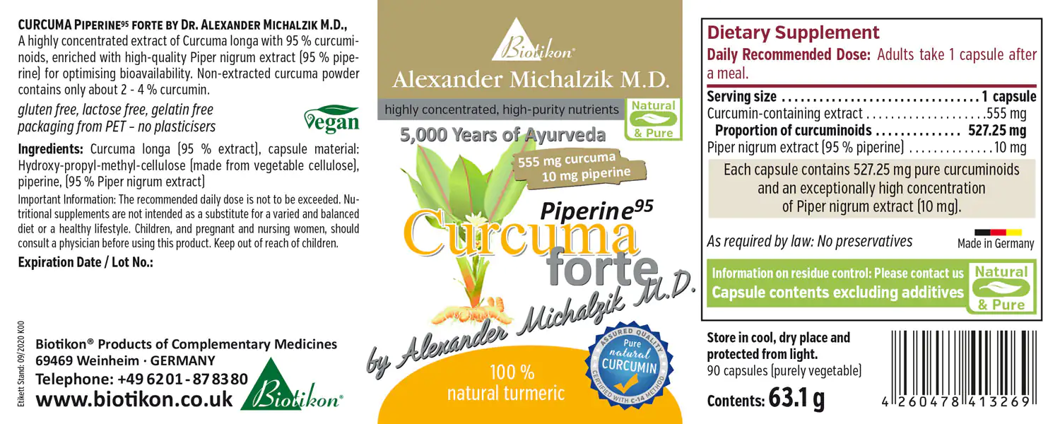 Turmeric Piperine95 – 90 Capsules Potent turmeric capsules with 555 mg curcumin and 10 mg piperine, vegan, in transparent blister packaging.