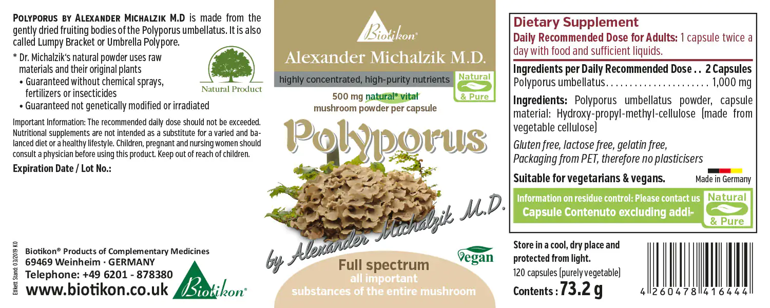 Polyporus 1000 mg – Capsules Polyporus mushroom powder, 120 capsules, vegan, from Polyporus umbellatus, in PET packaging, natural color.