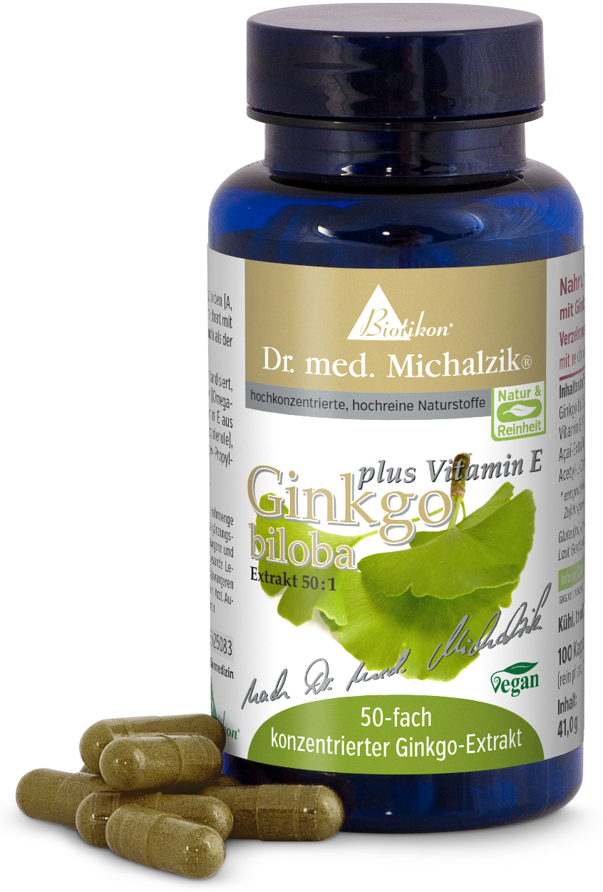 Ginkgo Biloba 50:1 Capsules – 100 Count Blue glass bottle with 50x Ginkgo extract and Vitamin E, featuring brown-green capsules in the foreground.