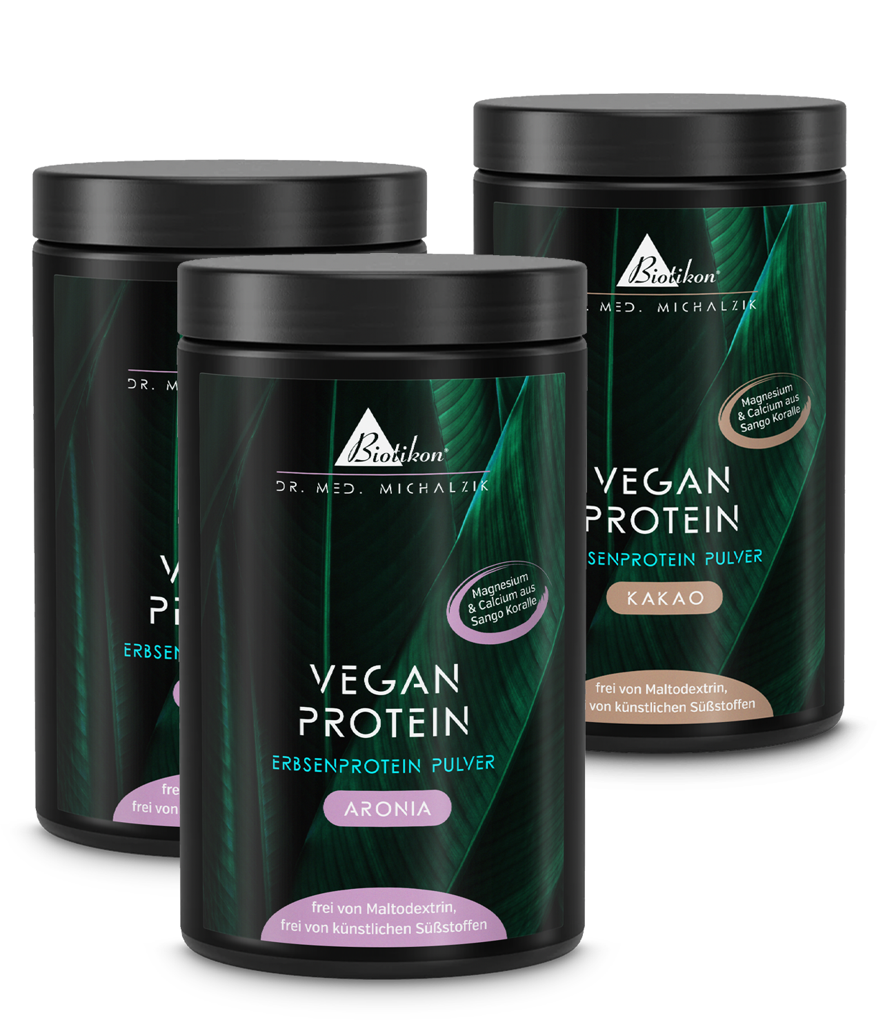 Two containers of plant-based protein powder in Aronia and Cocoa flavors, white with colorful labels, front view.
