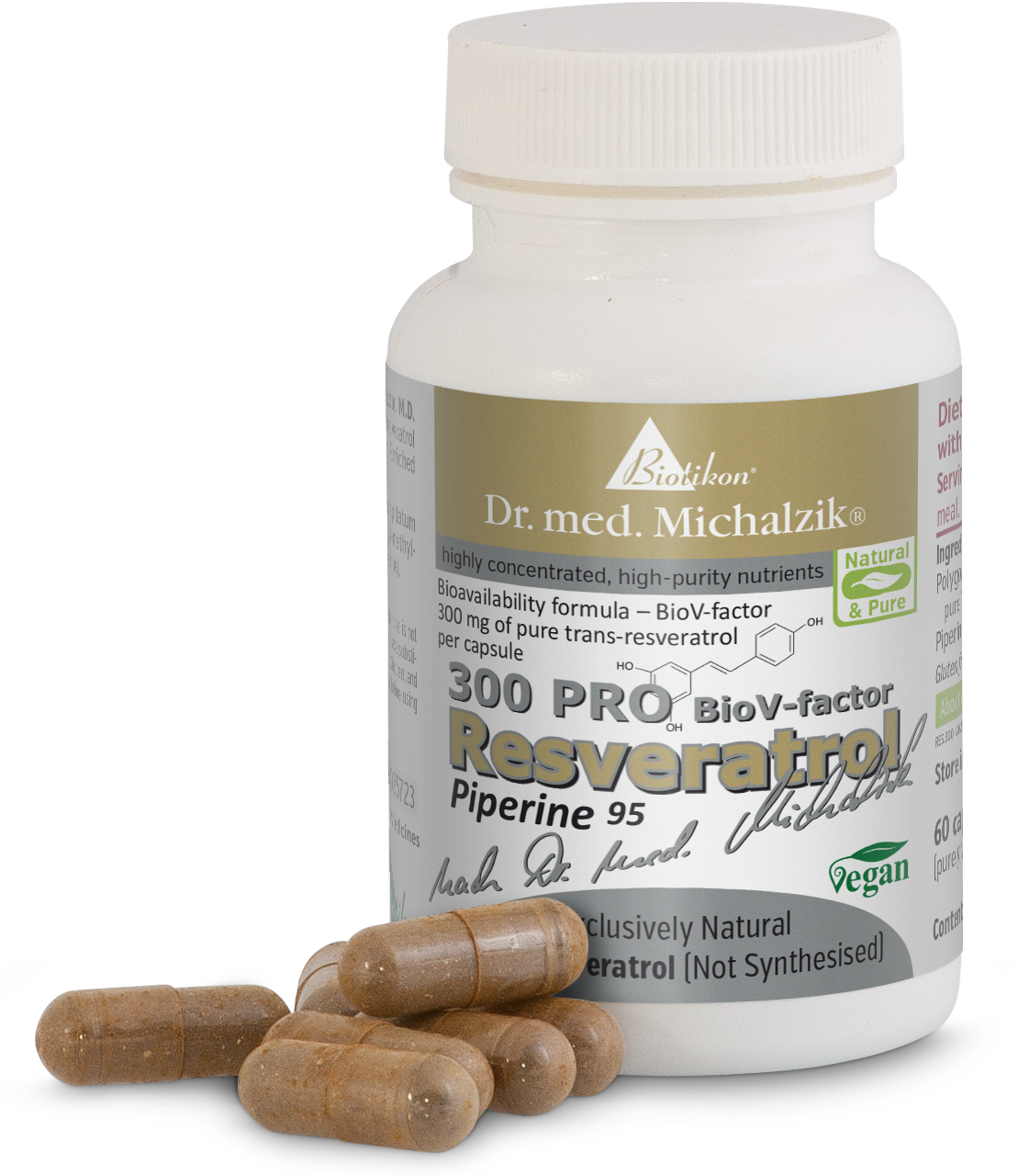 Resveratrol 300 mg - Capsules Bottle of resveratrol capsules, 300 mg per capsule, vegan, in natural packaging, brown capsules in the foreground.