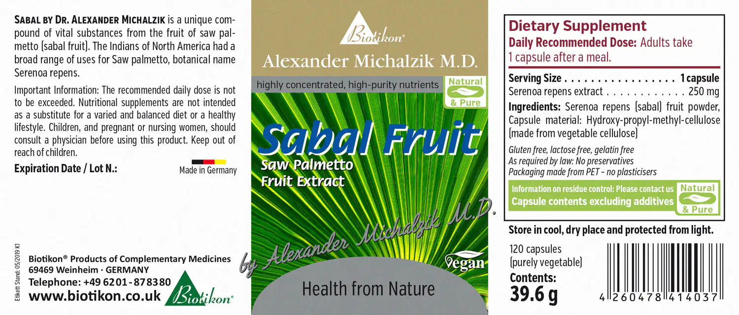Sabal Fruit 250 mg – Capsules Sabal Fruit dietary supplement, 120 capsules in green packaging, made from Serenoa repens, vegan.