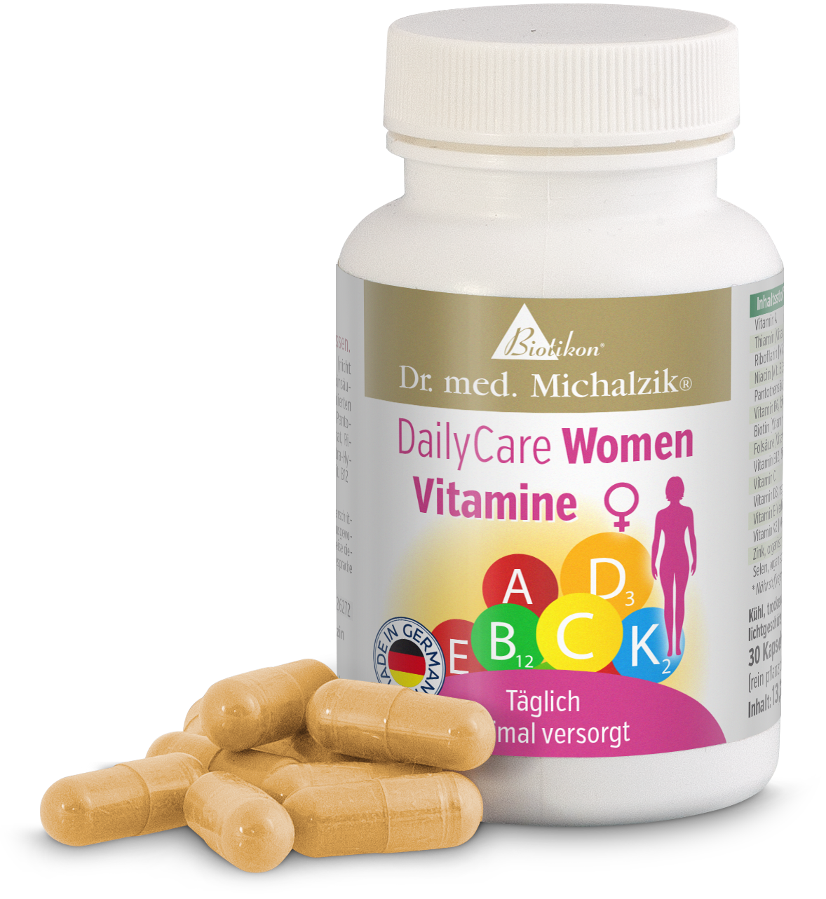 Vitamin DailyCare Women – 30 Capsules White plastic container with 30 capsules, beige capsules in front, colorful label.