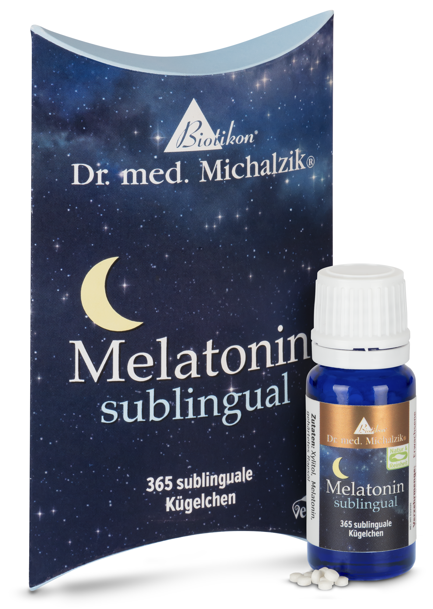 Bottle with 365 sublingual pearls in a dark blue packaging.