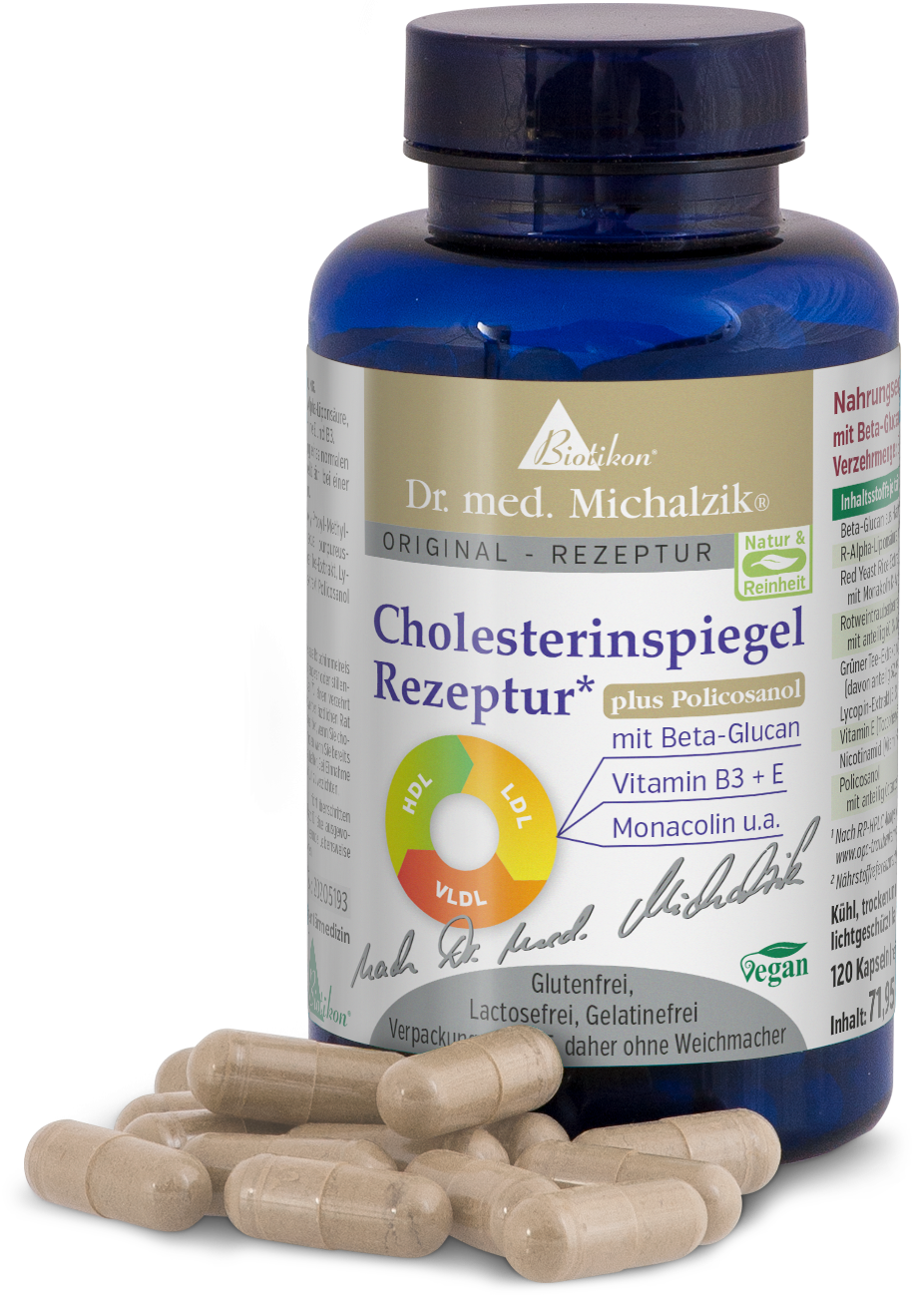 Cholesterol level formula Plus Policosanol Capsules Brown capsules from a blue bottle with 90 pieces, vegan and gluten-free.
