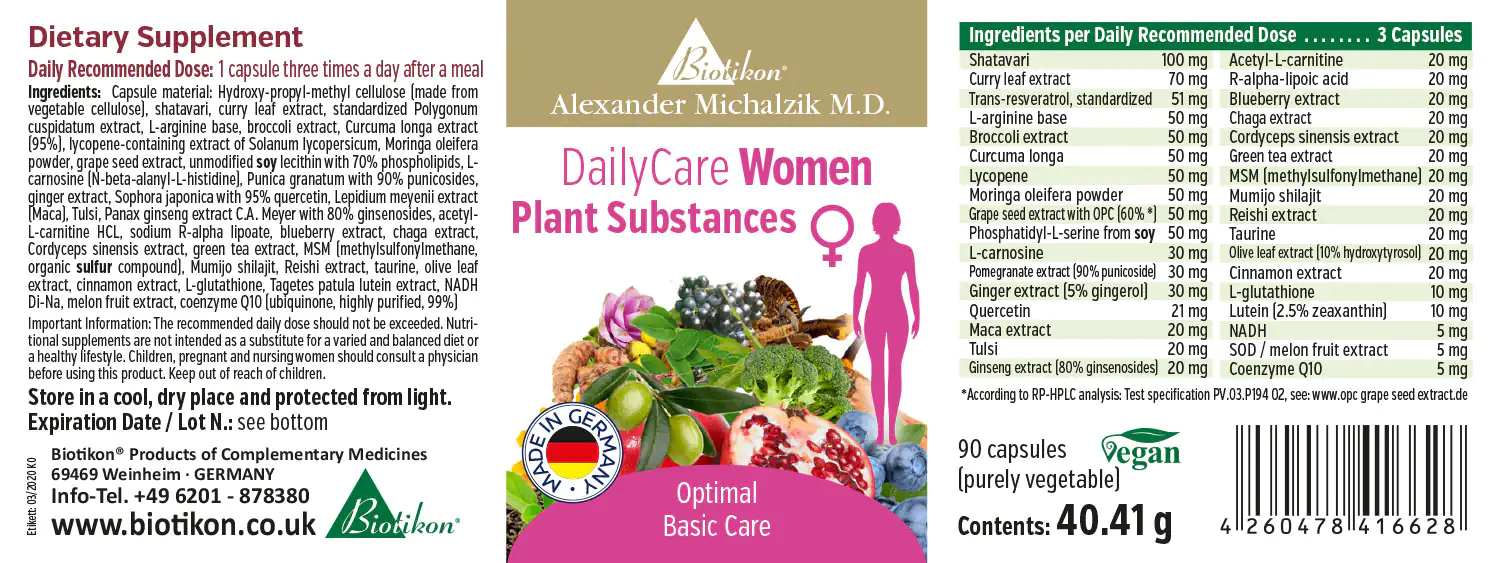 DailyCare Women – Herbal Ingredients – 90 Capsules 90 capsules of DailyCare Women in a purple package, containing herbal ingredients ideal for basic care.