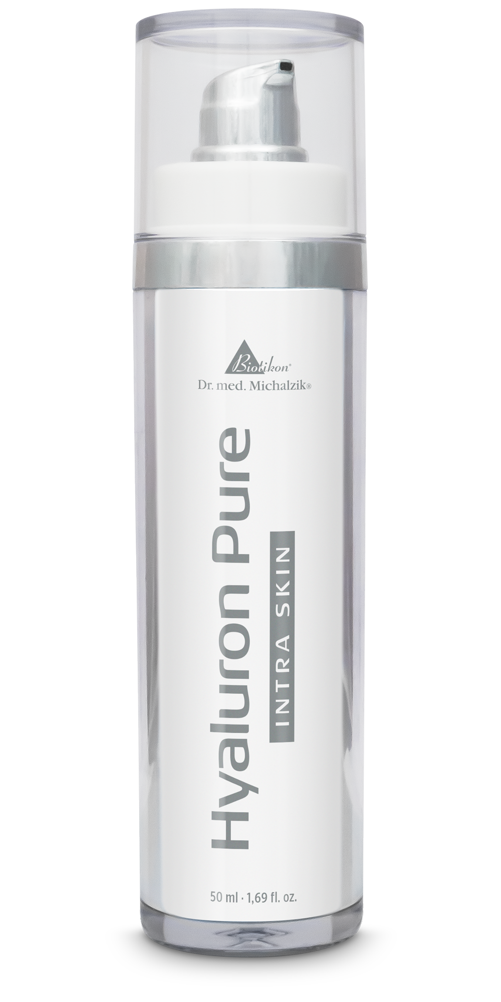Hyaluron Pure 50 ml - Pump Bottle Hyaluron Pure in a transparent pump bottle, 50 ml, silver accents, clear visibility.