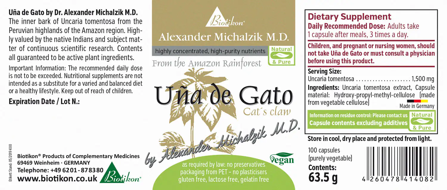 Cat's Claw 1500 mg - Capsules Cat's Claw capsules, 100 pieces, plant-based, in packaging, natural hues.