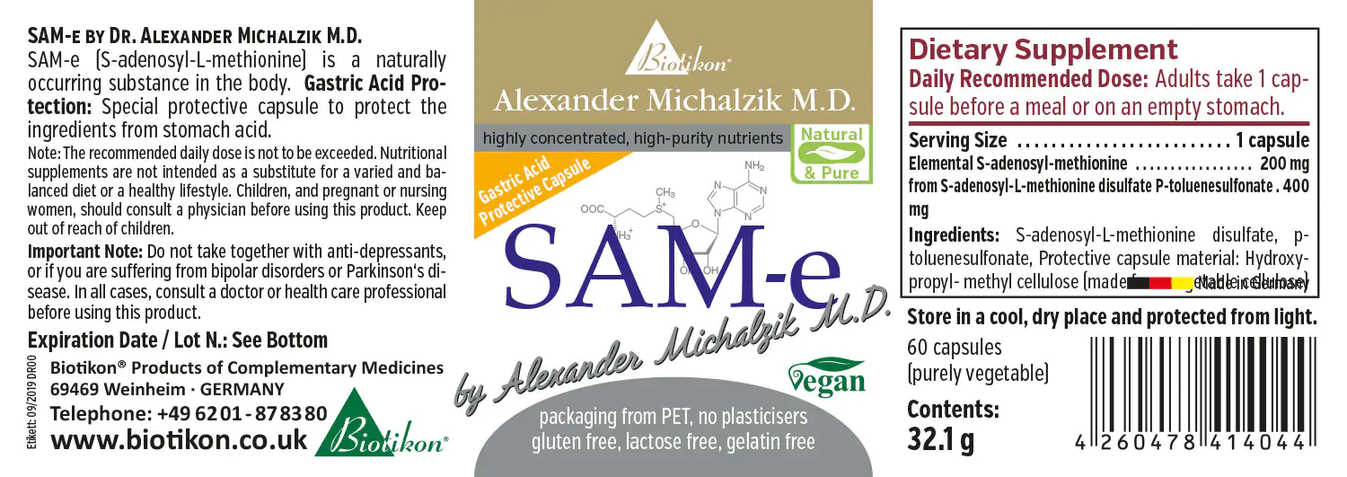 SAM-e 200 mg – Capsules SAM-e dietary supplement in a package of 60 vegan capsules, acid-resistant, with a total content of 32.1 g.