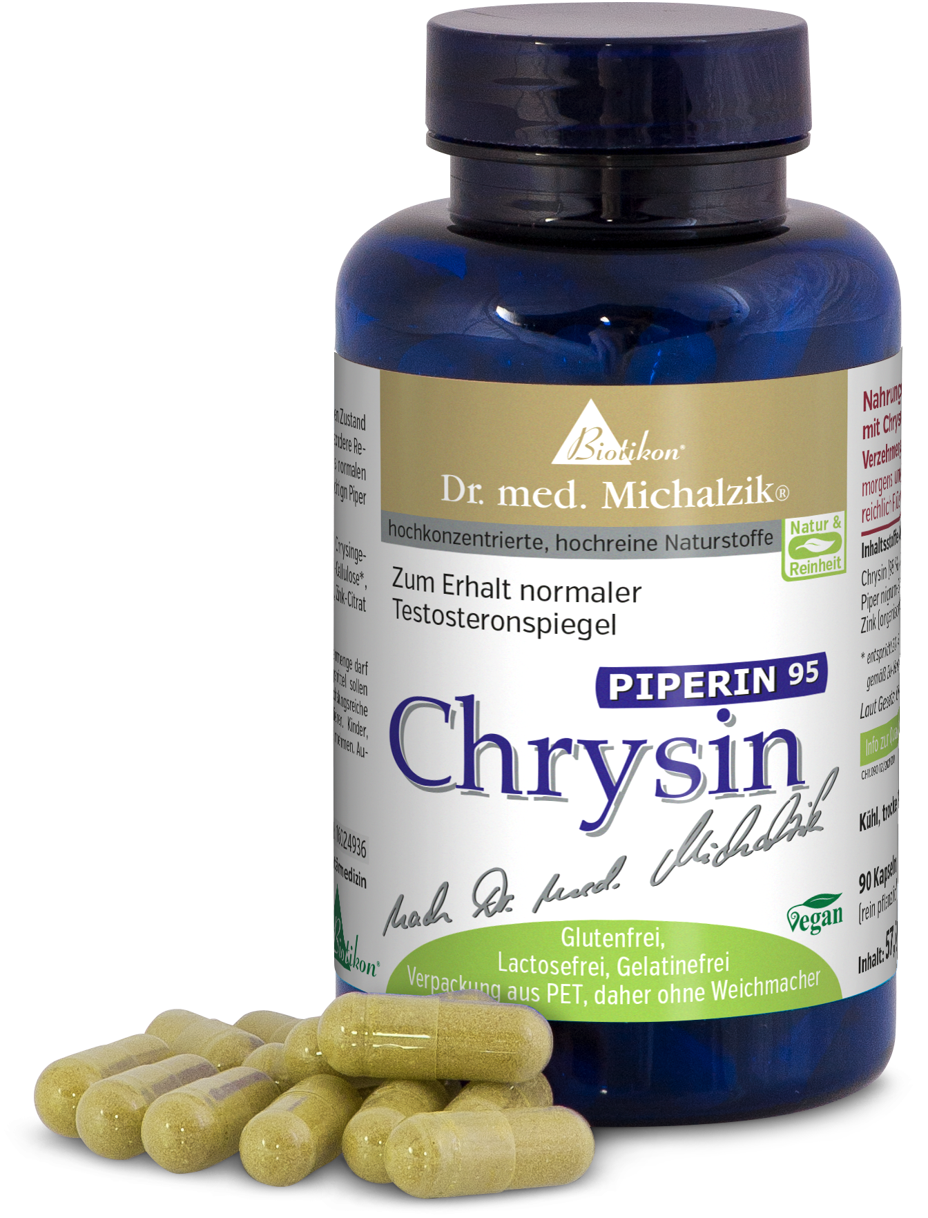 Chrysin 90 Capsules – Dietary Supplement Blue bottle with 90 yellowish capsules, vegan, gluten-free, on a white background.