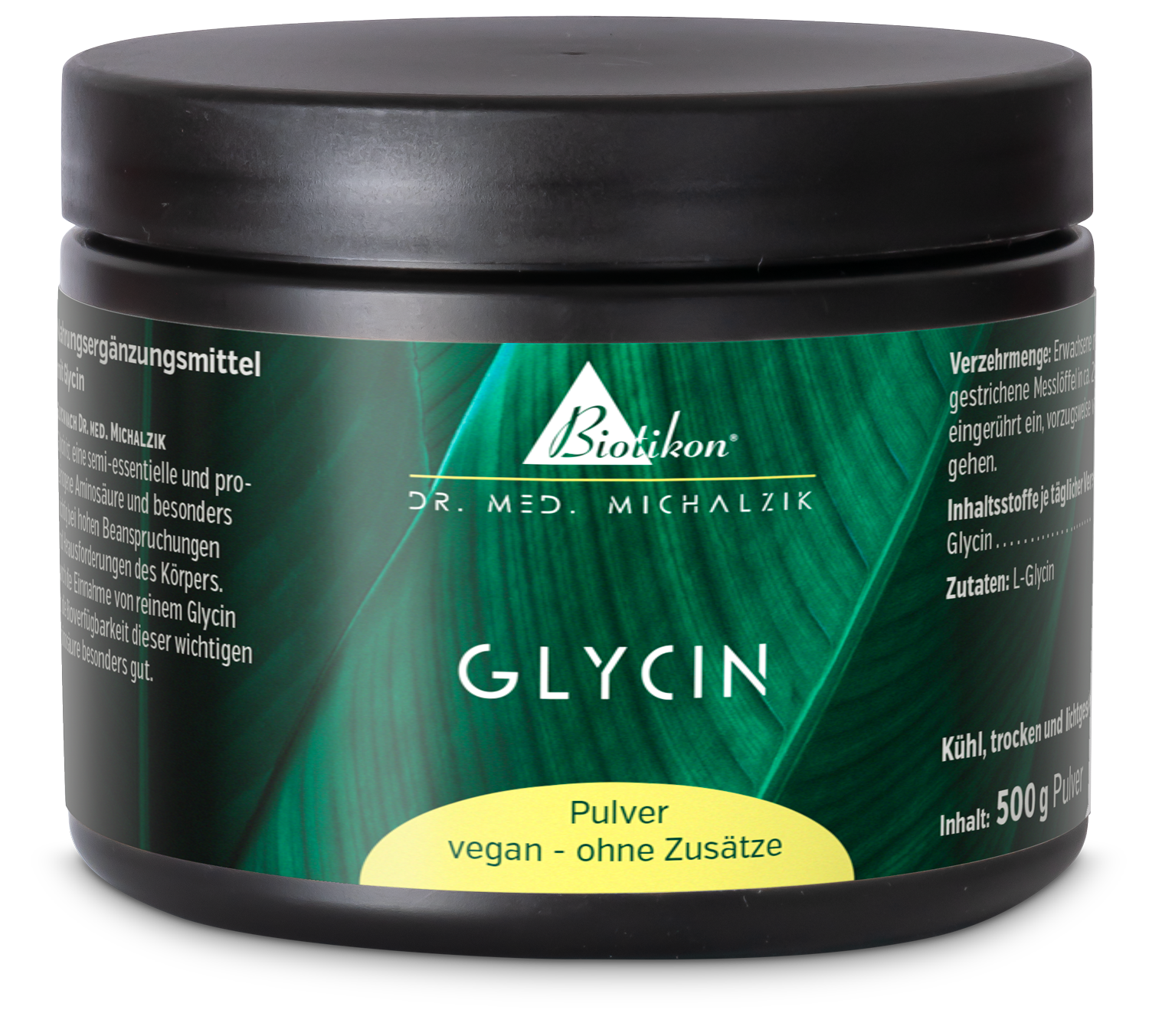 Glycine Powder – 500 g Glycine powder in black container, 500 g, vegan, additive-free.