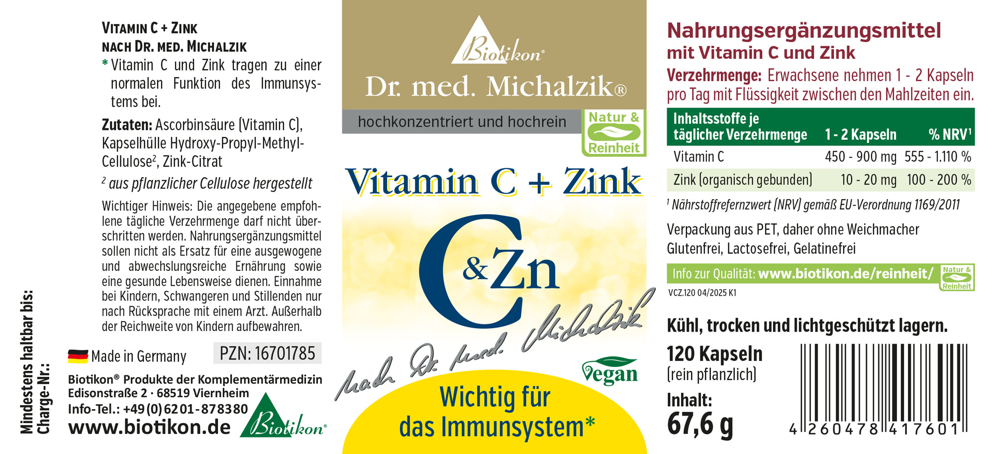 Vitamin C + Zinc 120 Capsules - Vegan Dietary supplement with Vitamin C and Zinc, 120 capsules in clear packaging, vegan, made from plant-based cellulose.