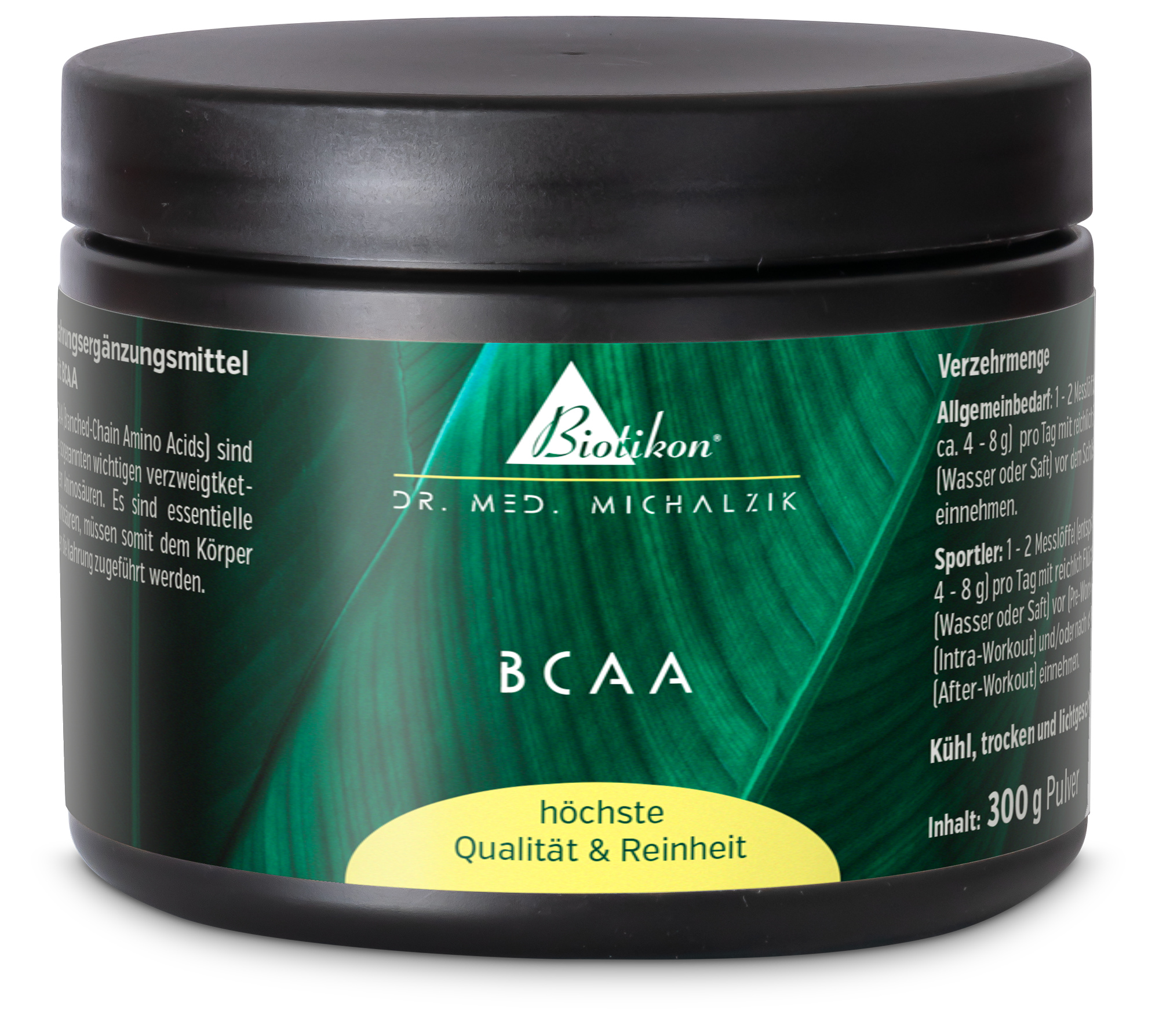 BCAA 300 g – Powder 300 g container of BCAA dietary supplement in black, featuring green packaging.