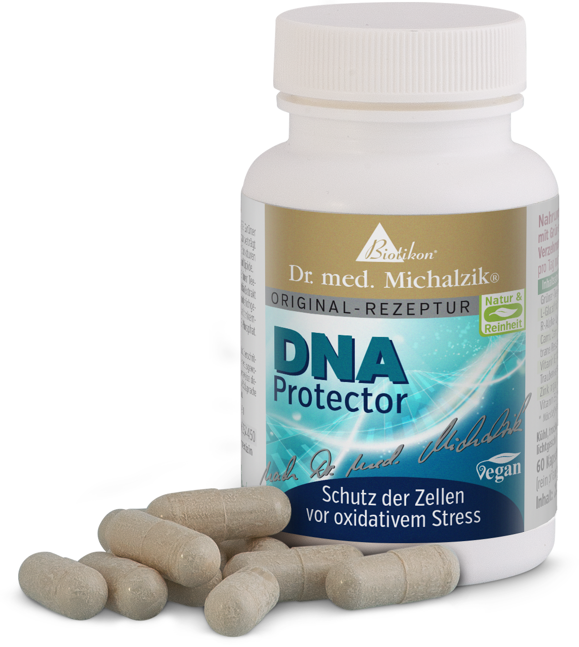 DNA Protector – Capsules DNA Protector capsules, 60 pieces in a white bottle, vegan, visible from the side.
