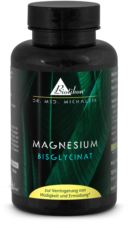 Magnesium Bisglycinate – 120 Capsules Black capsule bottle containing Magnesium Bisglycinate, 120 pieces, with green leaves in the background.