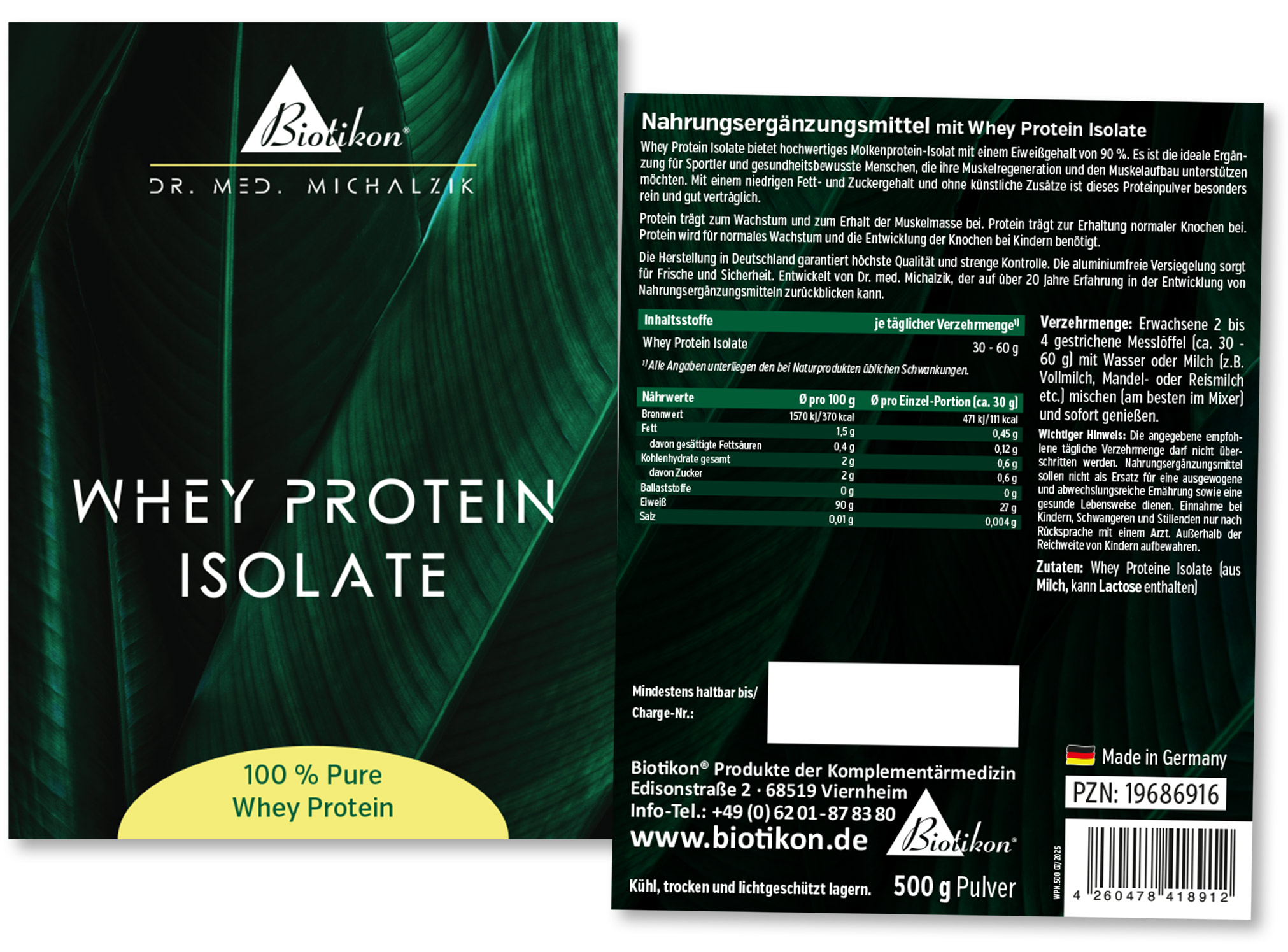 Whey Protein Isolate – 500 g Powder Whey Protein Isolate in a 500 g package, powdered form, green packaging with white and yellow elements, front view.