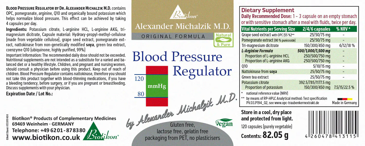Blood Pressure Regulator 120 Capsules - Supplement Blood pressure regulator capsules, 120 pieces, green packaging, front view.